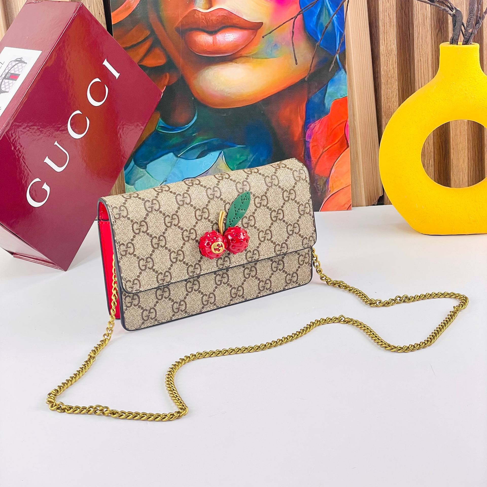Gucci GG Supreme Cherry Chain Wallet with Crystal Embellishment 🍒✨