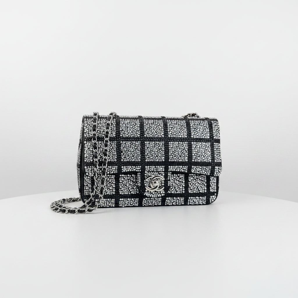 Chanel Rhinestone Grid Flap Bag in Black and Silver ✨👜