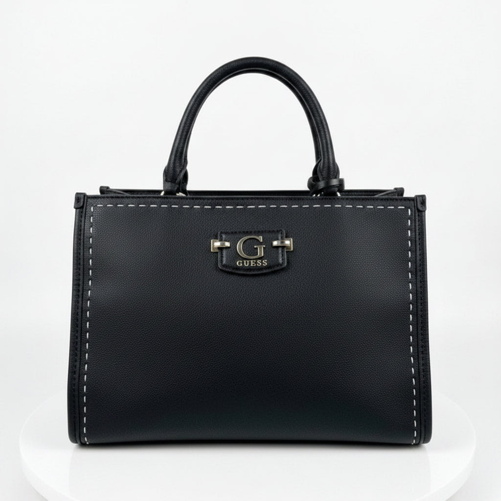 Guess Black Leather Signature Tote with Contrast Stitching 👜✨