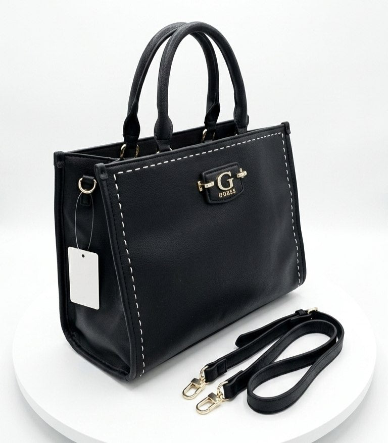 Guess Black Leather Signature Tote with Contrast Stitching 👜✨