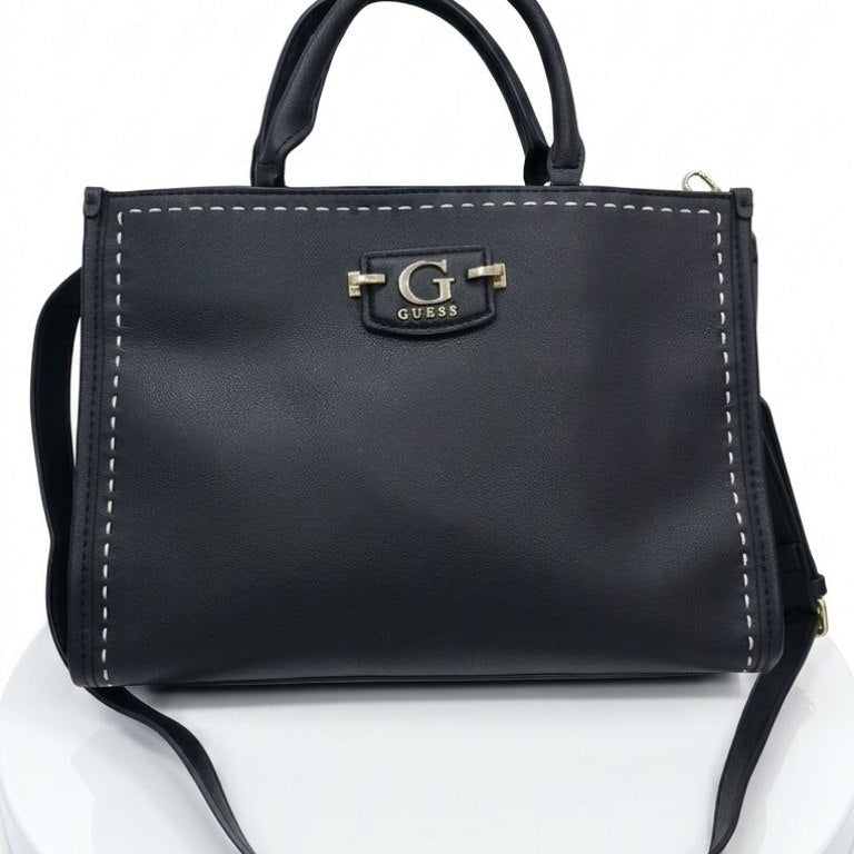 Guess Black Leather Signature Tote with Contrast Stitching 👜✨