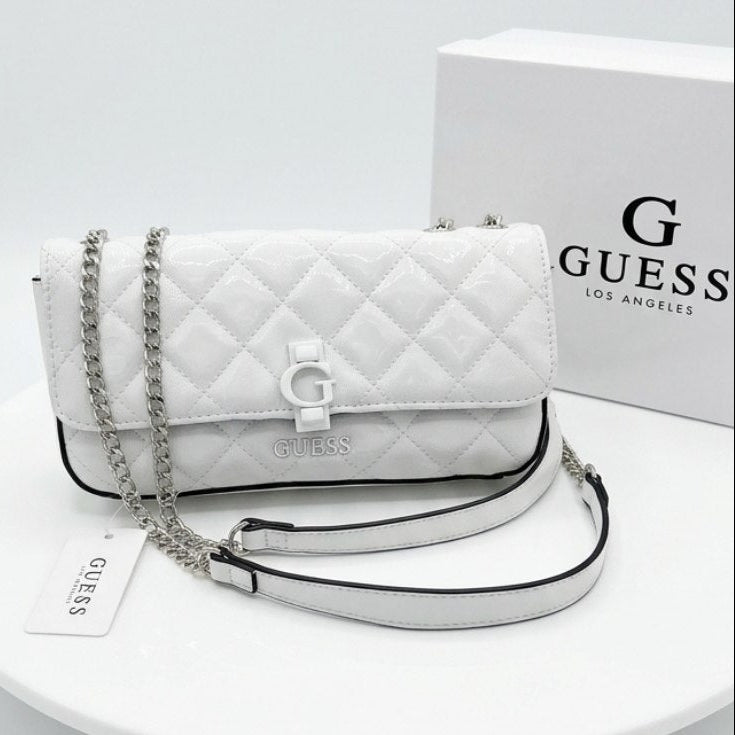 Guess Quilted Glossy White Leather Chain Shoulder Bag