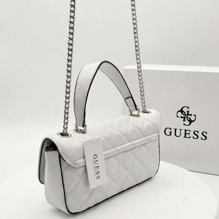 Guess Quilted Glossy White Leather Chain Shoulder Bag