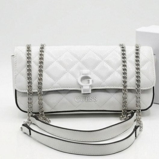 Guess Quilted Glossy White Leather Chain Shoulder Bag