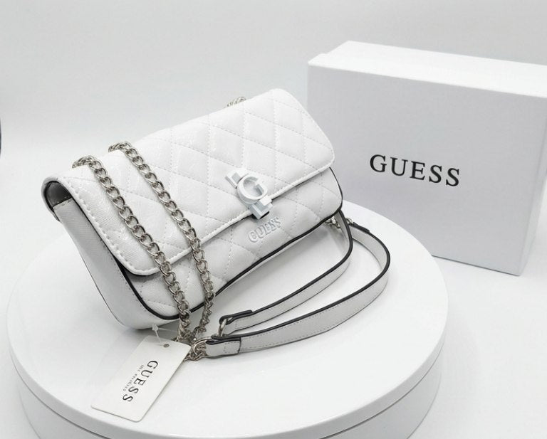 Guess Quilted Glossy White Leather Chain Shoulder Bag