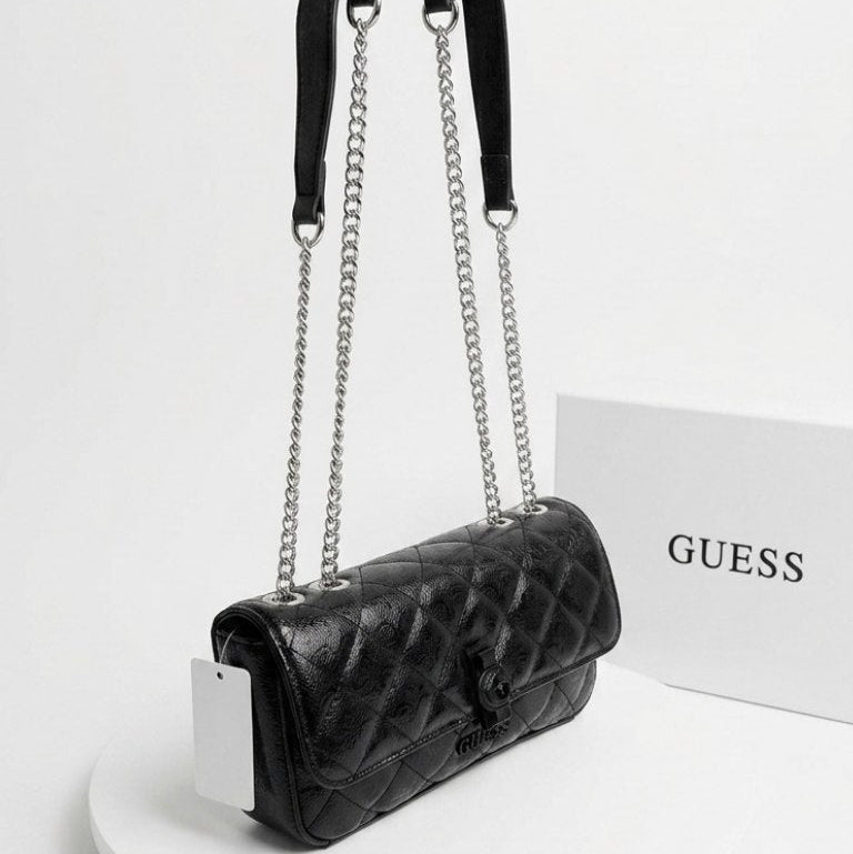 Guess Quilted Glossy White Leather Chain Shoulder Bag