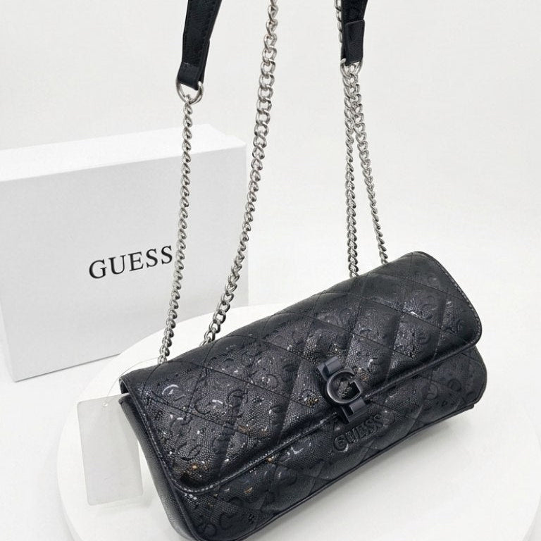 Guess Quilted Glossy White Leather Chain Shoulder Bag