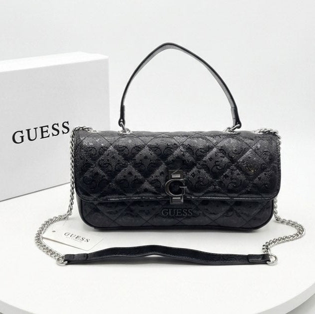 Guess Quilted Glossy White Leather Chain Shoulder Bag