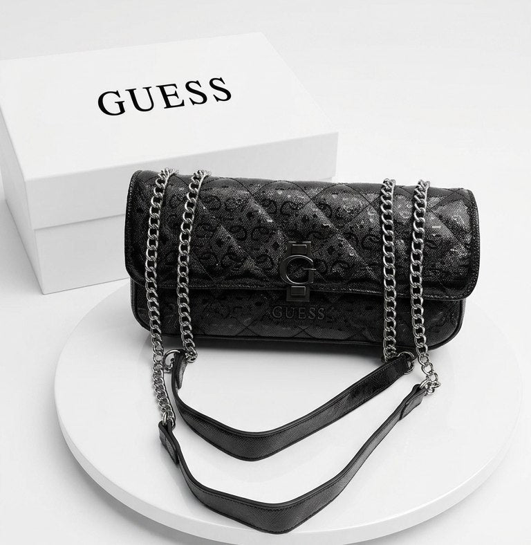 Guess Quilted Glossy White Leather Chain Shoulder Bag