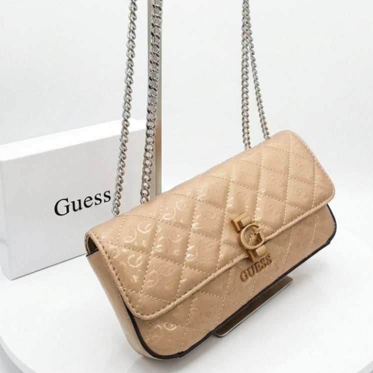 Guess Quilted Glossy White Leather Chain Shoulder Bag