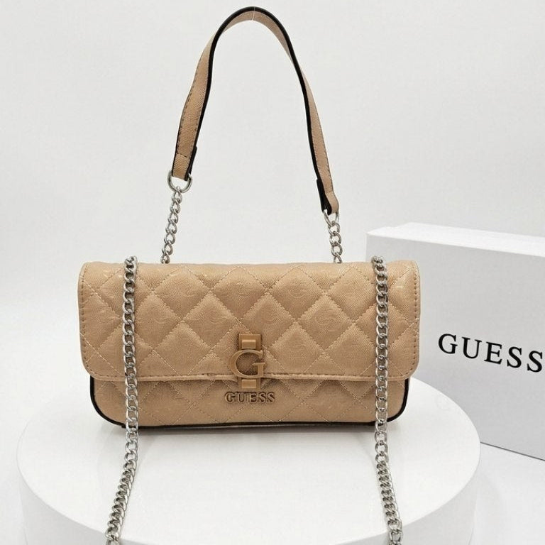 Guess Quilted Glossy White Leather Chain Shoulder Bag