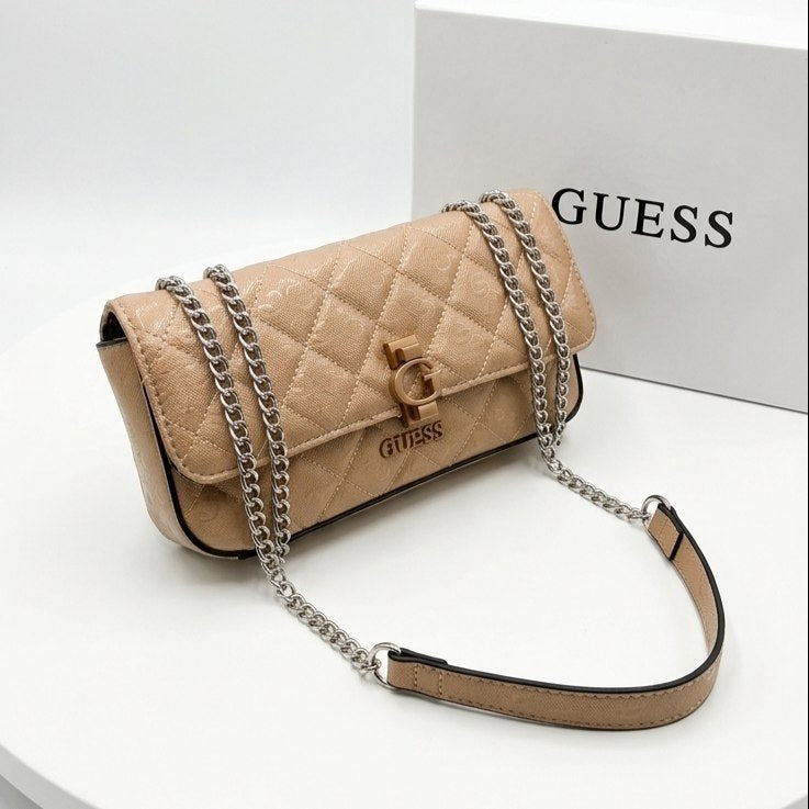 Guess Quilted Glossy White Leather Chain Shoulder Bag