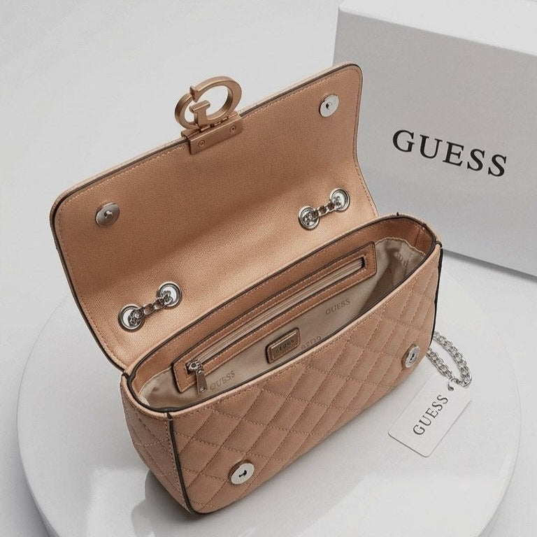 Guess Quilted Glossy White Leather Chain Shoulder Bag