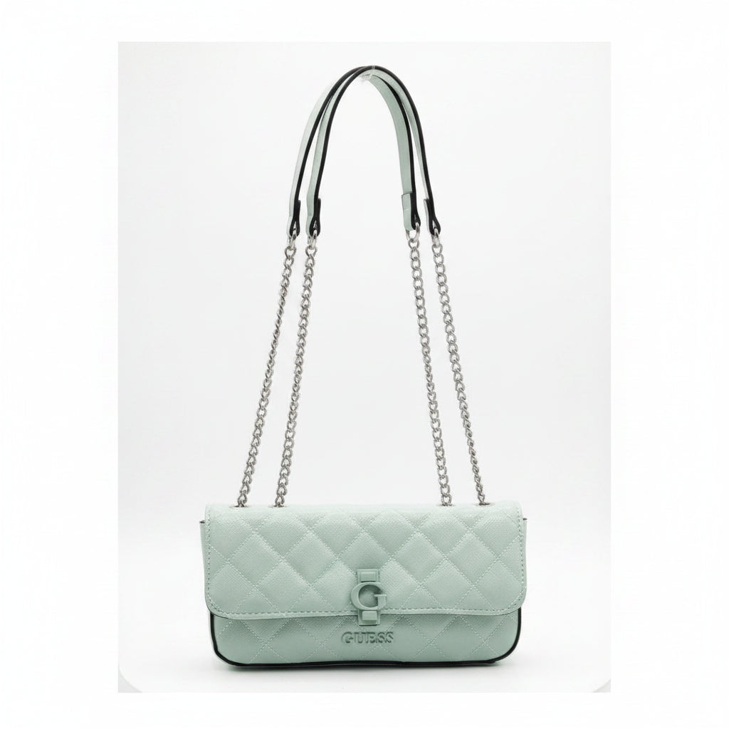 Guess Quilted Glossy White Leather Chain Shoulder Bag