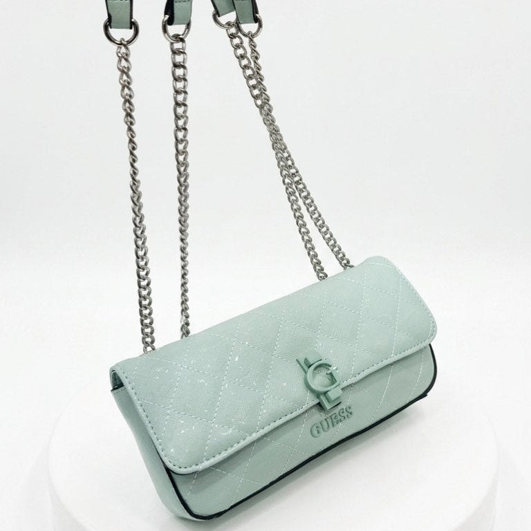 Guess Quilted Glossy White Leather Chain Shoulder Bag