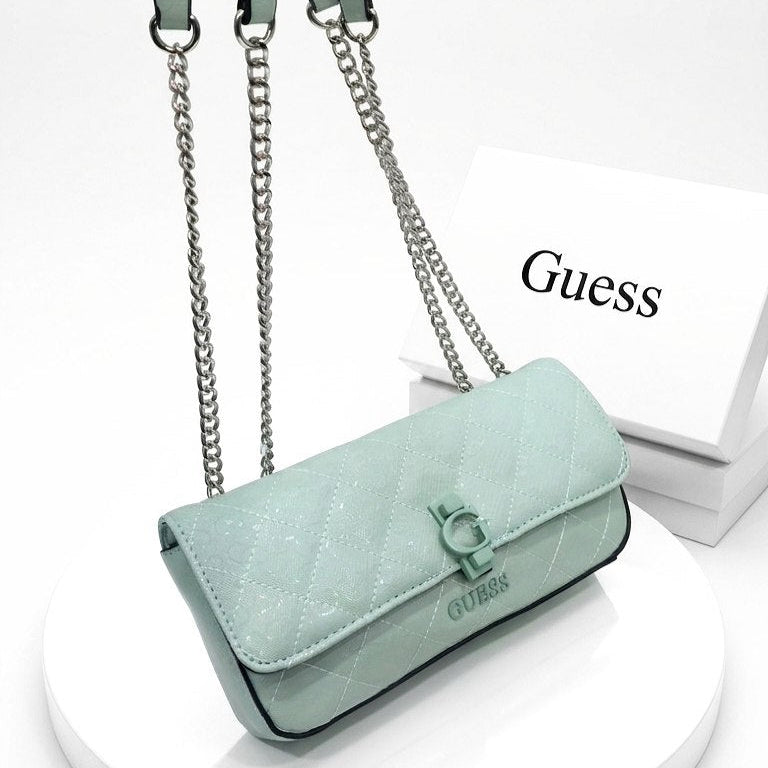 Guess Quilted Glossy White Leather Chain Shoulder Bag