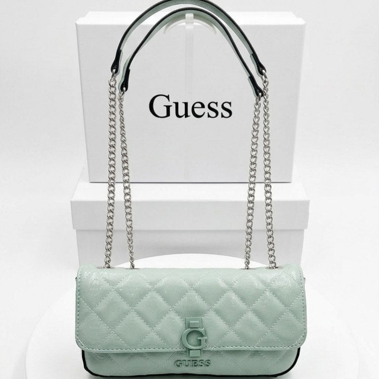 Guess Quilted Glossy White Leather Chain Shoulder Bag