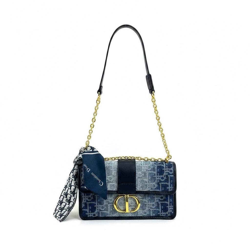 Christian Dior Denim Oblique Bag with Gold Tone Hardware