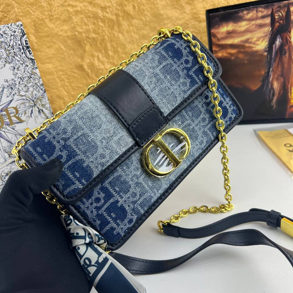 Christian Dior Denim Oblique Bag with Gold Tone Hardware