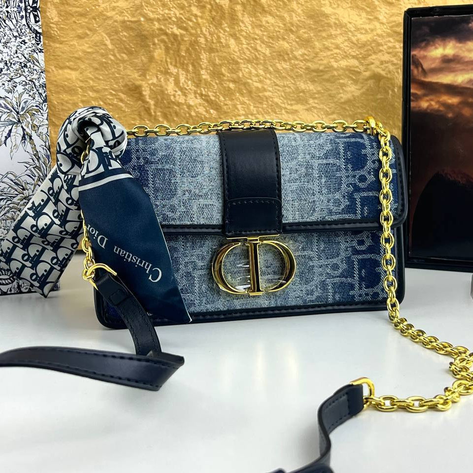 Christian Dior Denim Oblique Bag with Gold Tone Hardware