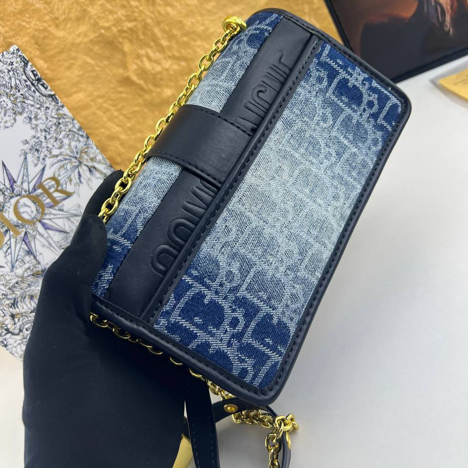 Christian Dior Denim Oblique Bag with Gold Tone Hardware
