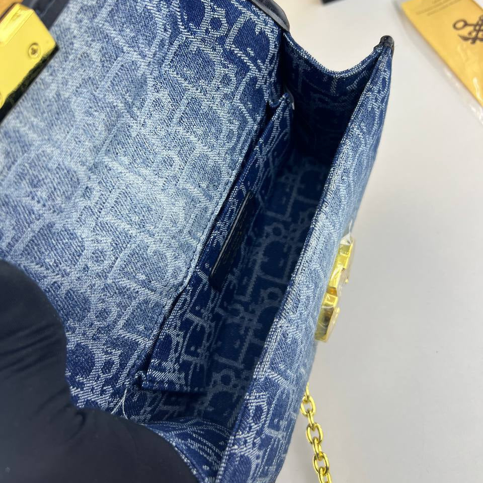Christian Dior Denim Oblique Bag with Gold Tone Hardware