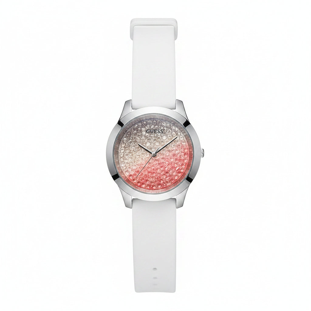 Guess Crystal Embellished White Silicone Watch