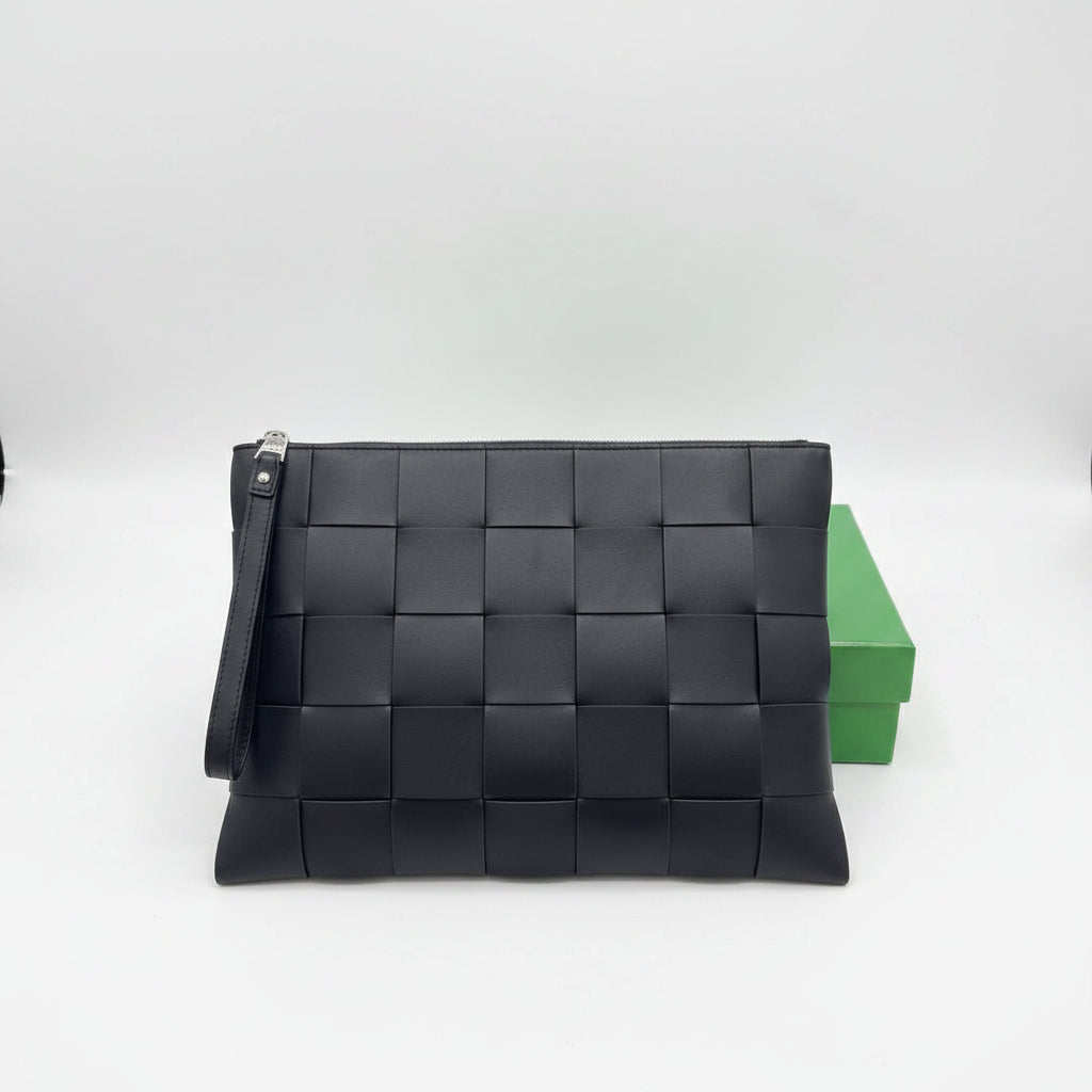Bottega Veneta Black Intrecciato Woven Leather Wristlet Clutch
