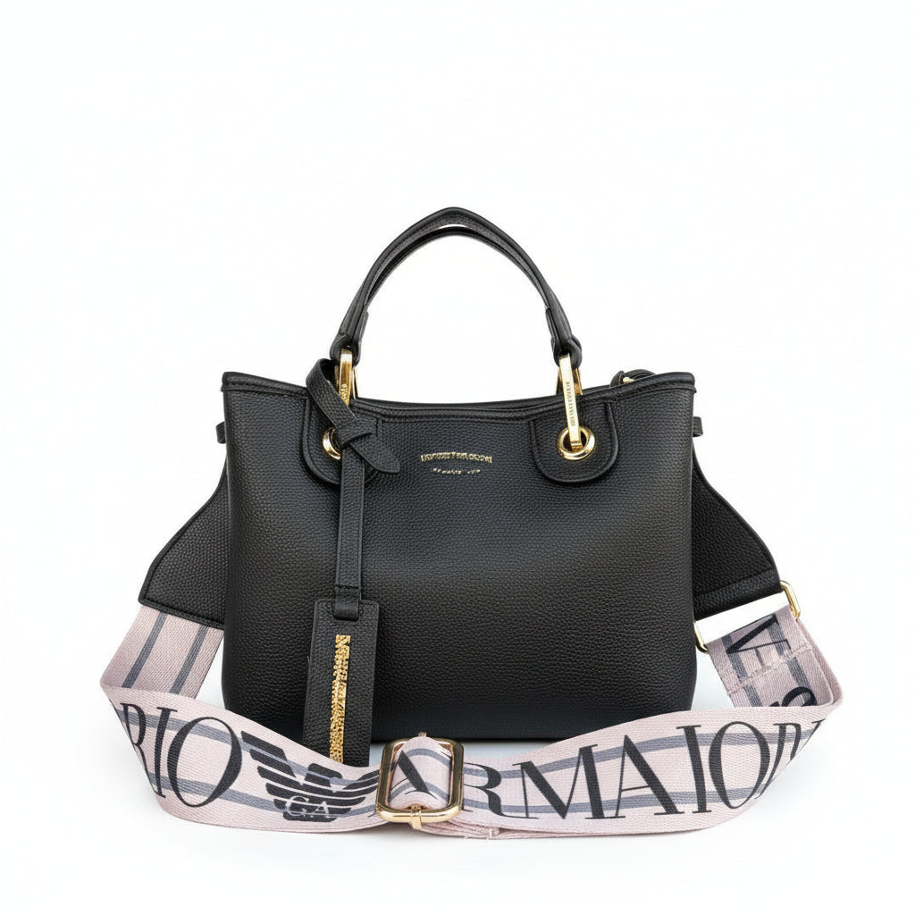 Emporio Armani Signature Black Structured Handbag with Branded Strap