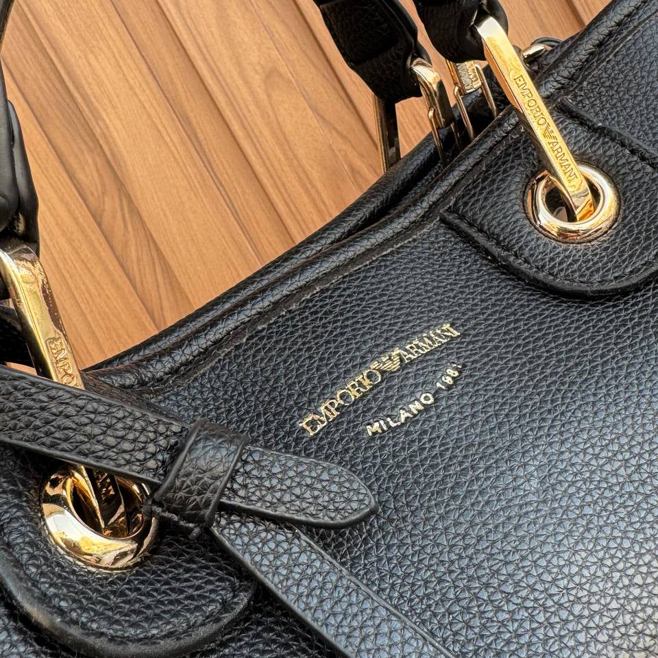 Emporio Armani Signature Black Structured Handbag with Branded Strap