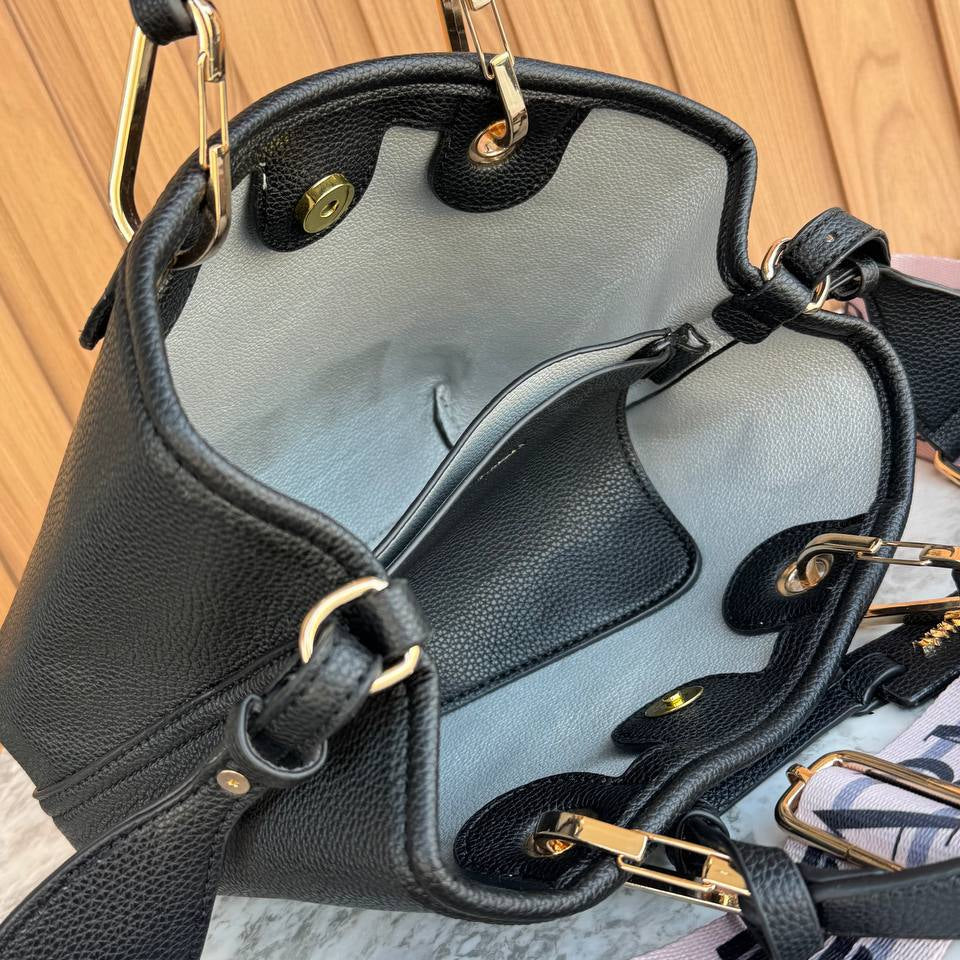 Emporio Armani Signature Black Structured Handbag with Branded Strap