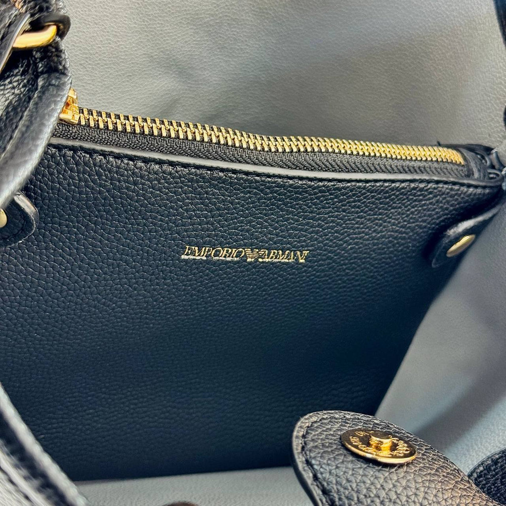 Emporio Armani Signature Black Structured Handbag with Branded Strap
