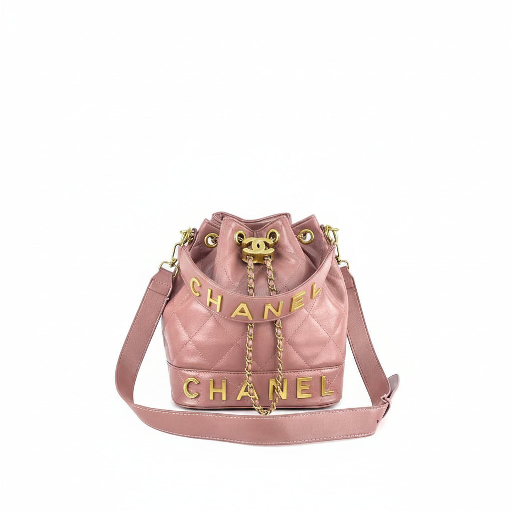 Chanel Quilted White Bucket Bag with Gold Chain Detail