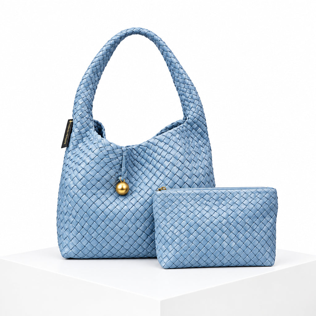 Bottega Veneta Style Woven Shoulder Bag with Matching Pouch
