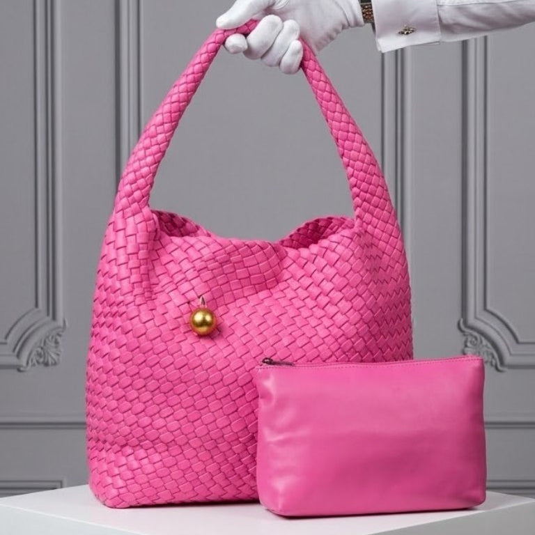 Bottega Veneta Style Woven Shoulder Bag with Matching Pouch