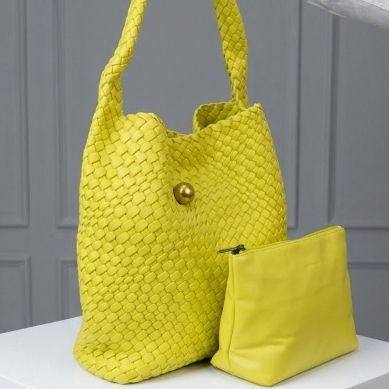 Bottega Veneta Style Woven Shoulder Bag with Matching Pouch