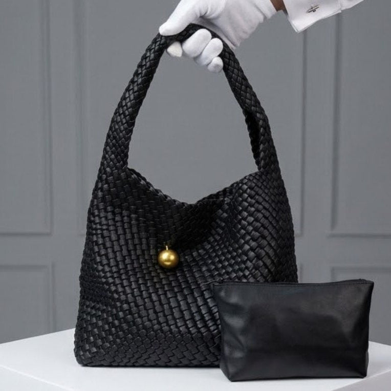 Bottega Veneta Style Woven Shoulder Bag with Matching Pouch