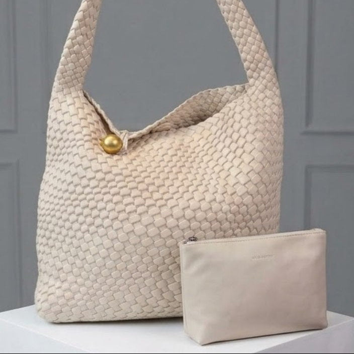 Bottega Veneta Style Woven Shoulder Bag with Matching Pouch