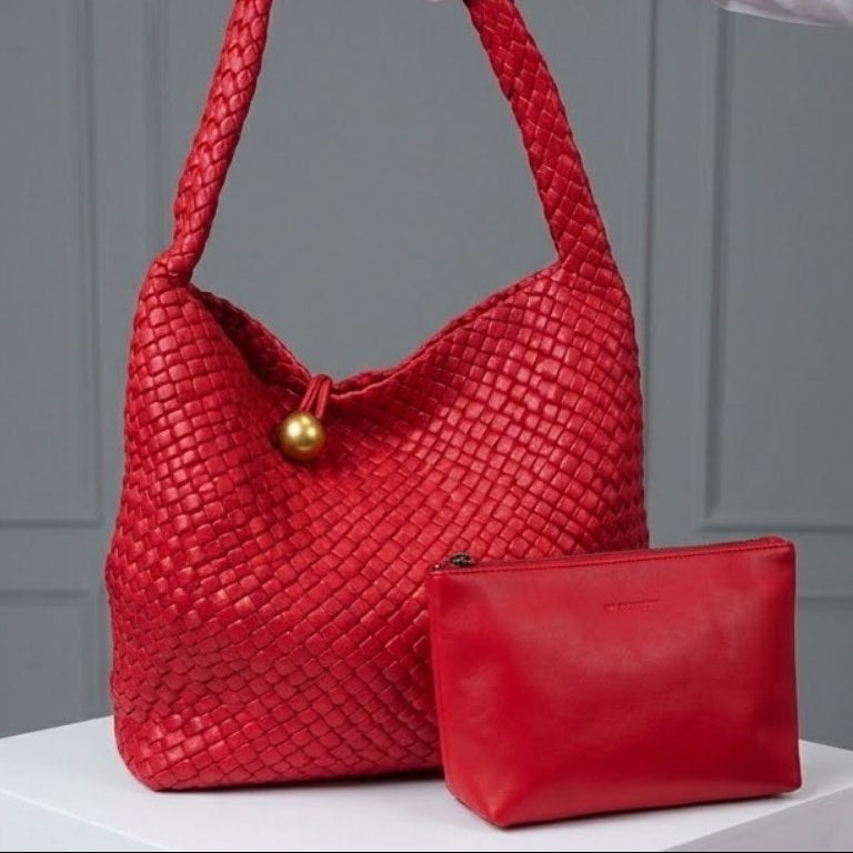 Bottega Veneta Style Woven Shoulder Bag with Matching Pouch