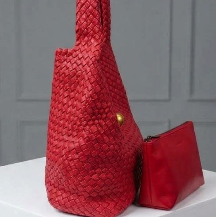 Bottega Veneta Style Woven Shoulder Bag with Matching Pouch