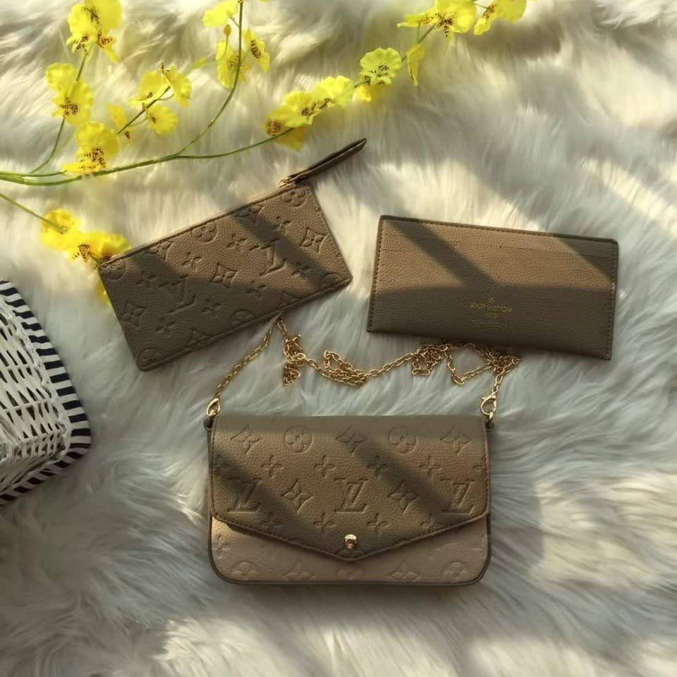 Monogram Embossed Crossbody Bag Set with Gold Chain