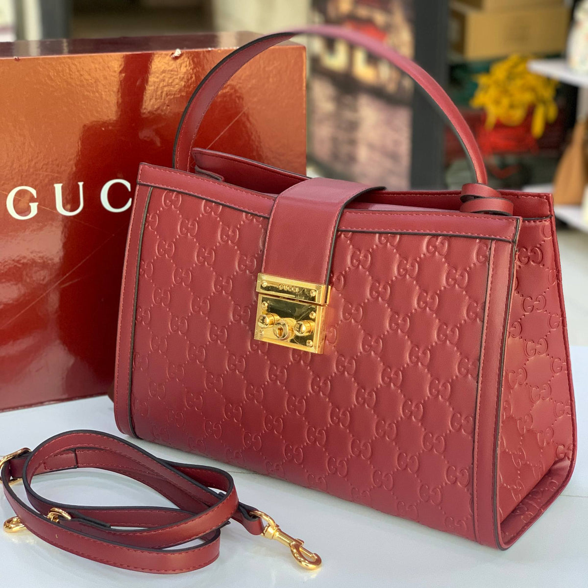 Gucci Red Embossed Leather GG Logo Handbag