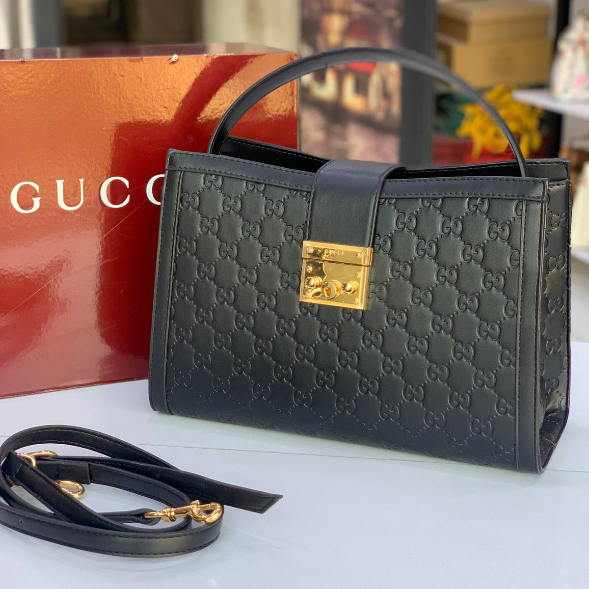 Gucci Red Embossed Leather GG Logo Handbag