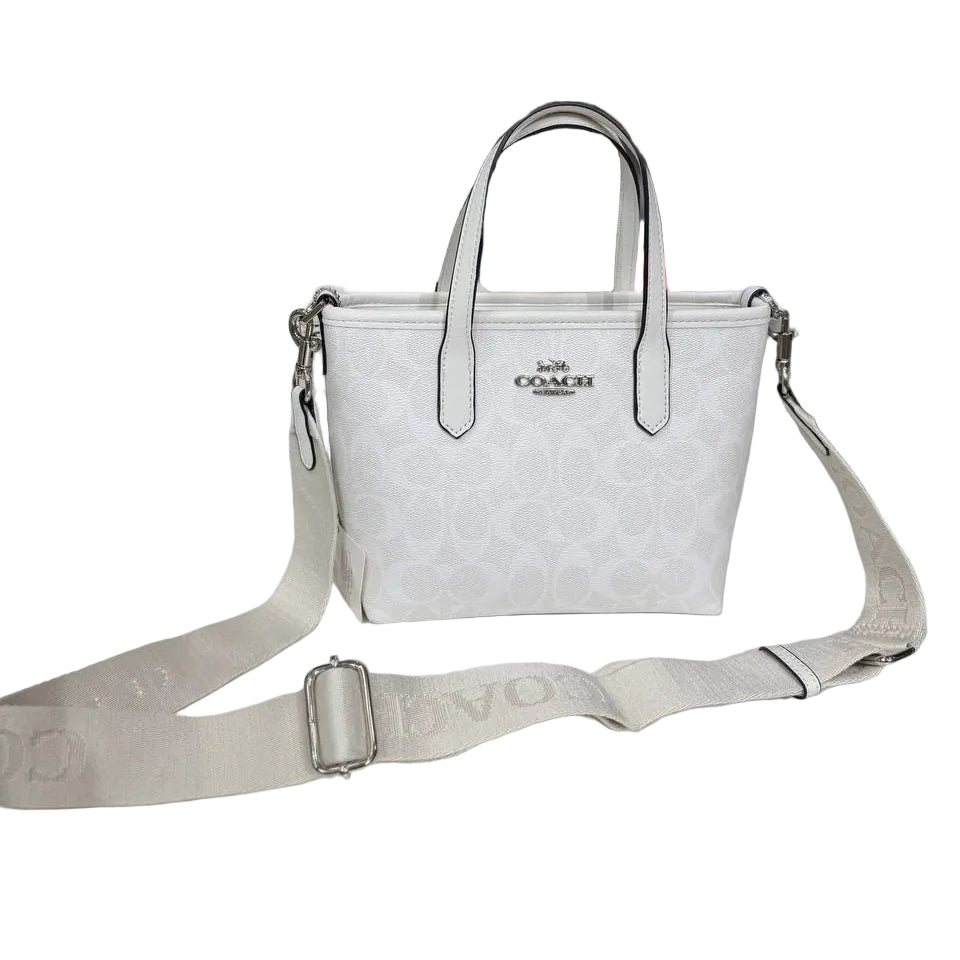 Coach Mini Tote Bag in White Signature Canvas with Logo Webbing Strap 👜🤍✨