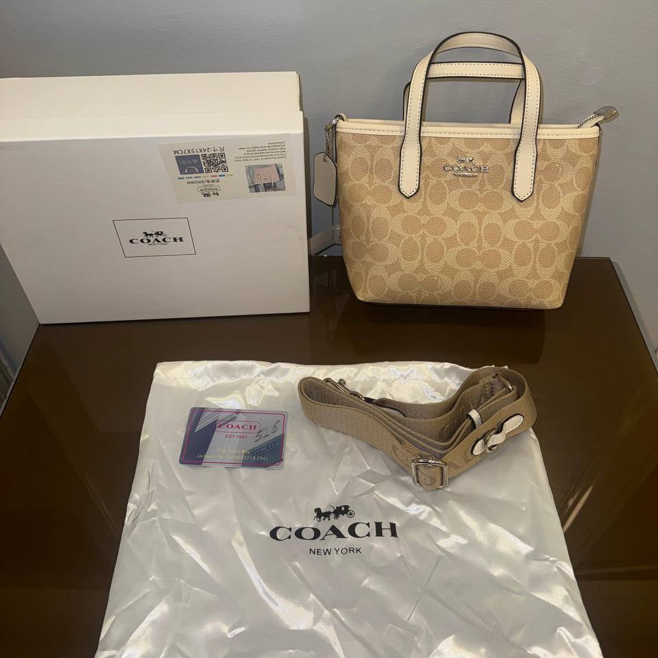 Coach Mini Tote Bag in White Signature Canvas with Logo Webbing Strap 👜🤍✨