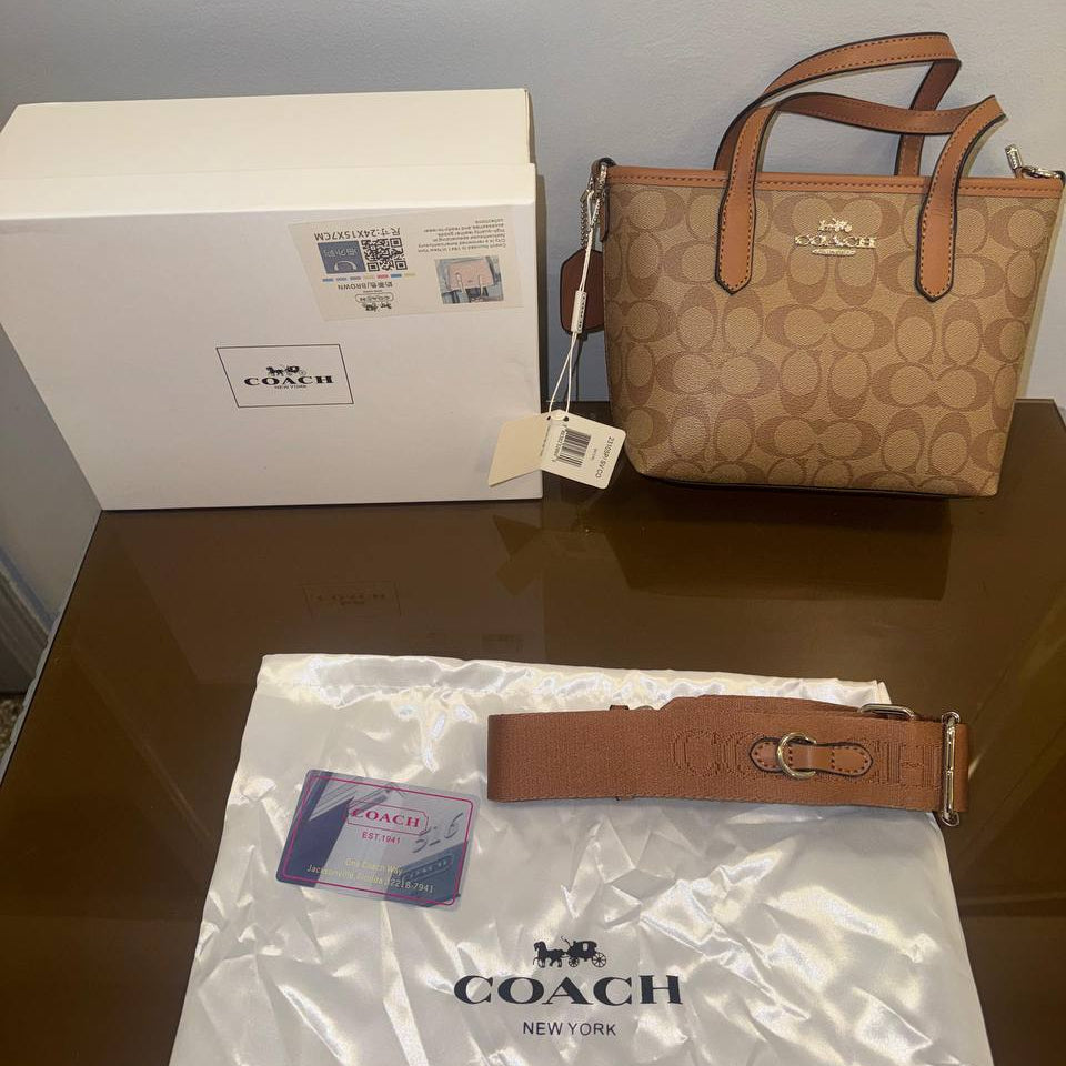Coach Mini Tote Bag in White Signature Canvas with Logo Webbing Strap 👜🤍✨