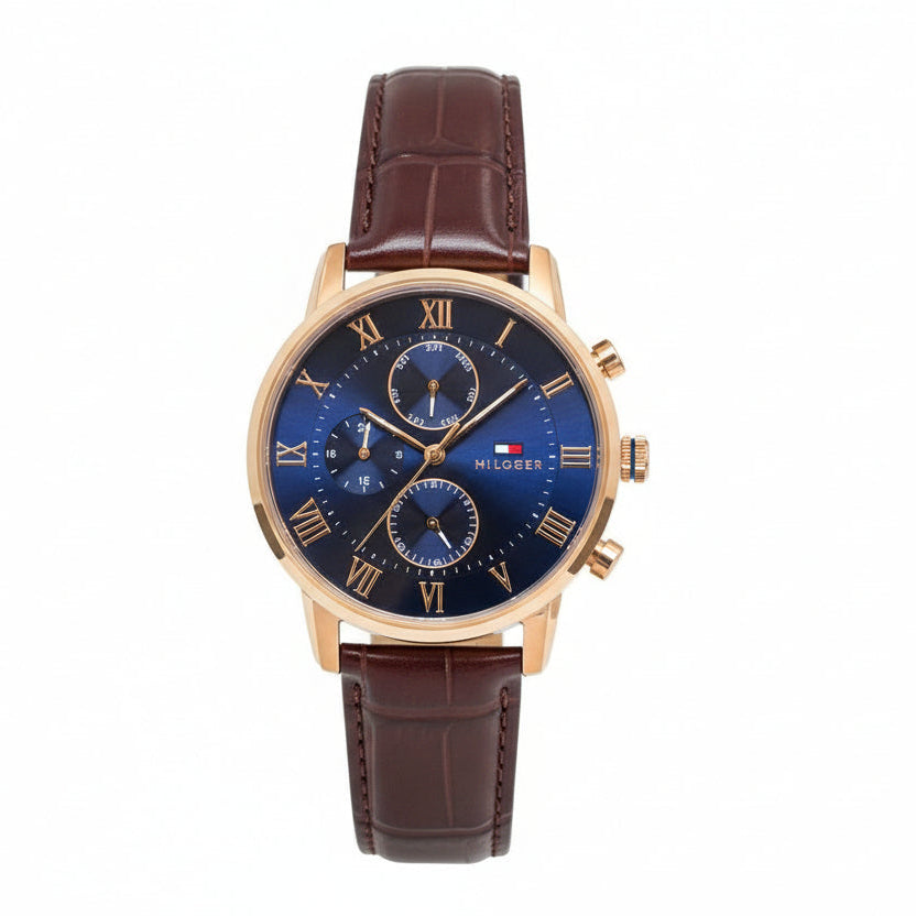 Tommy Hilfiger Blue & Brown Leather Strap Watch ⌚🔵