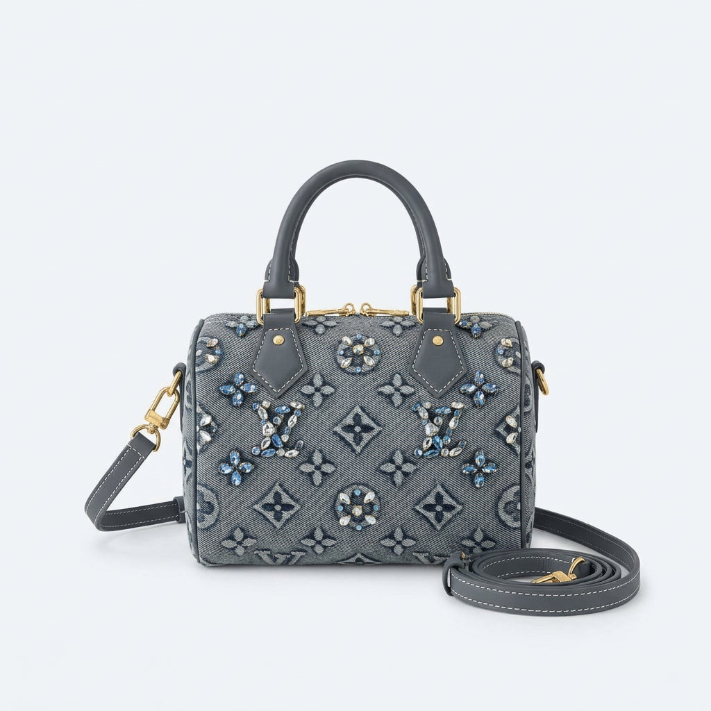 Louis Vuitton Denim Monogram Handbag with Crystal Embellishments