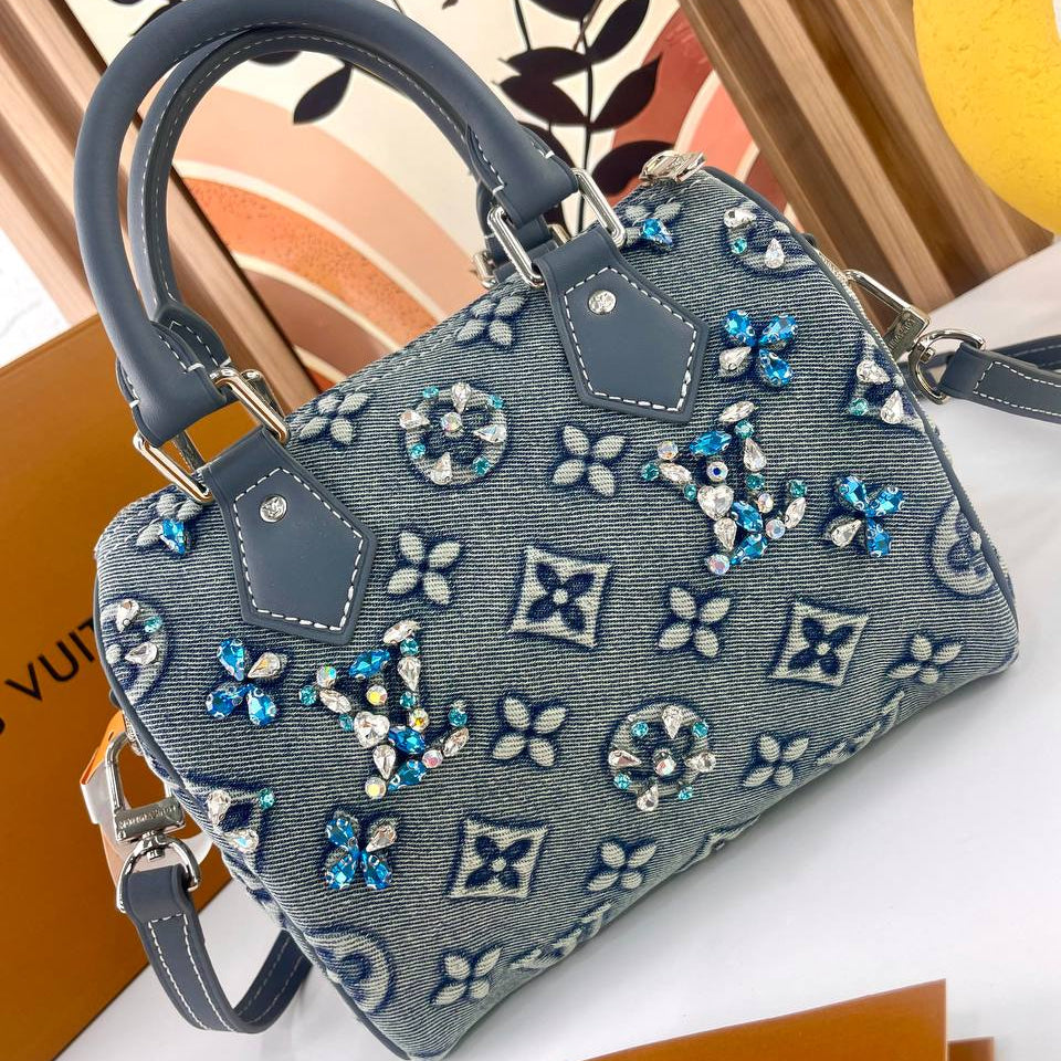 Louis Vuitton Denim Monogram Handbag with Crystal Embellishments