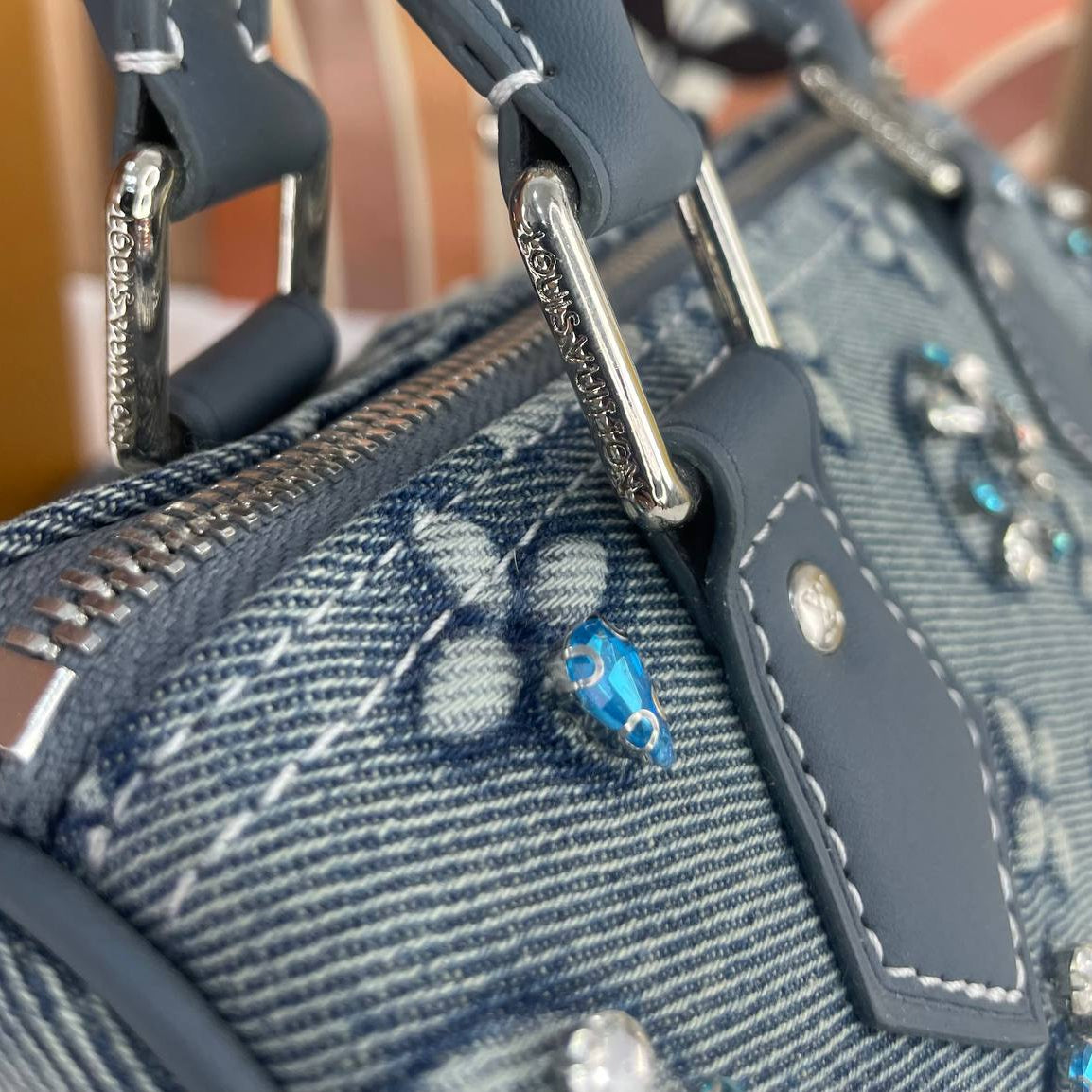 Louis Vuitton Denim Monogram Handbag with Crystal Embellishments